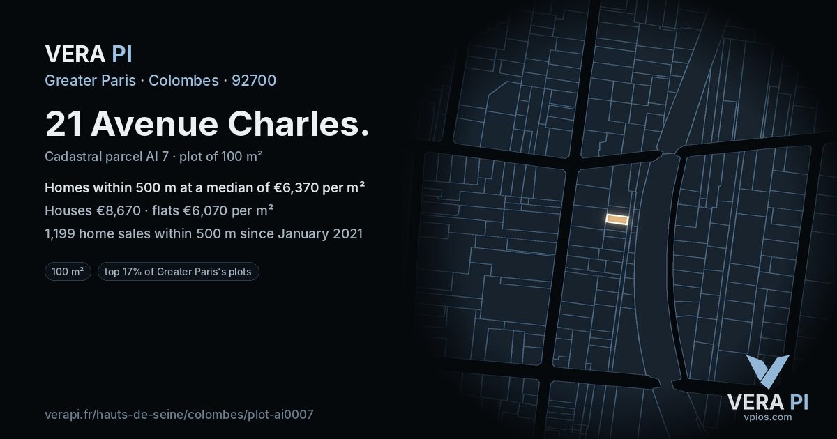 21 Avenue Charles, Colombes at night – the plot lit, the parcels around coloured by the prices near them