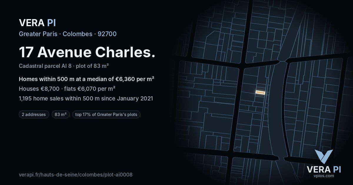 17 Avenue Charles, Colombes at night – the plot lit, the parcels around coloured by the prices near them