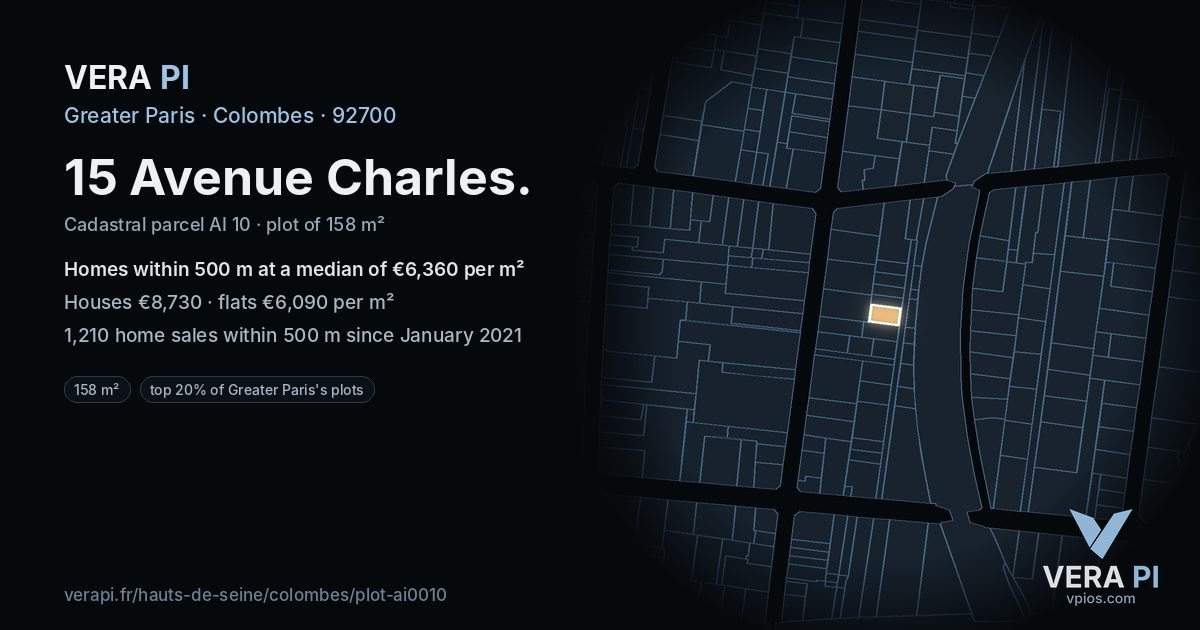 15 Avenue Charles, Colombes at night – the plot lit, the parcels around coloured by the prices near them