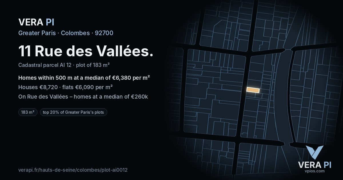11 Rue des Vallées, Colombes at night – the plot lit, the parcels around coloured by the prices near them