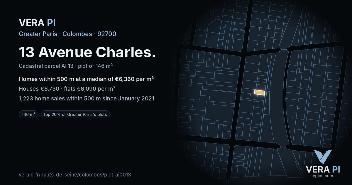 13 Avenue Charles, Colombes at night – the plot lit, the parcels around coloured by the prices near them