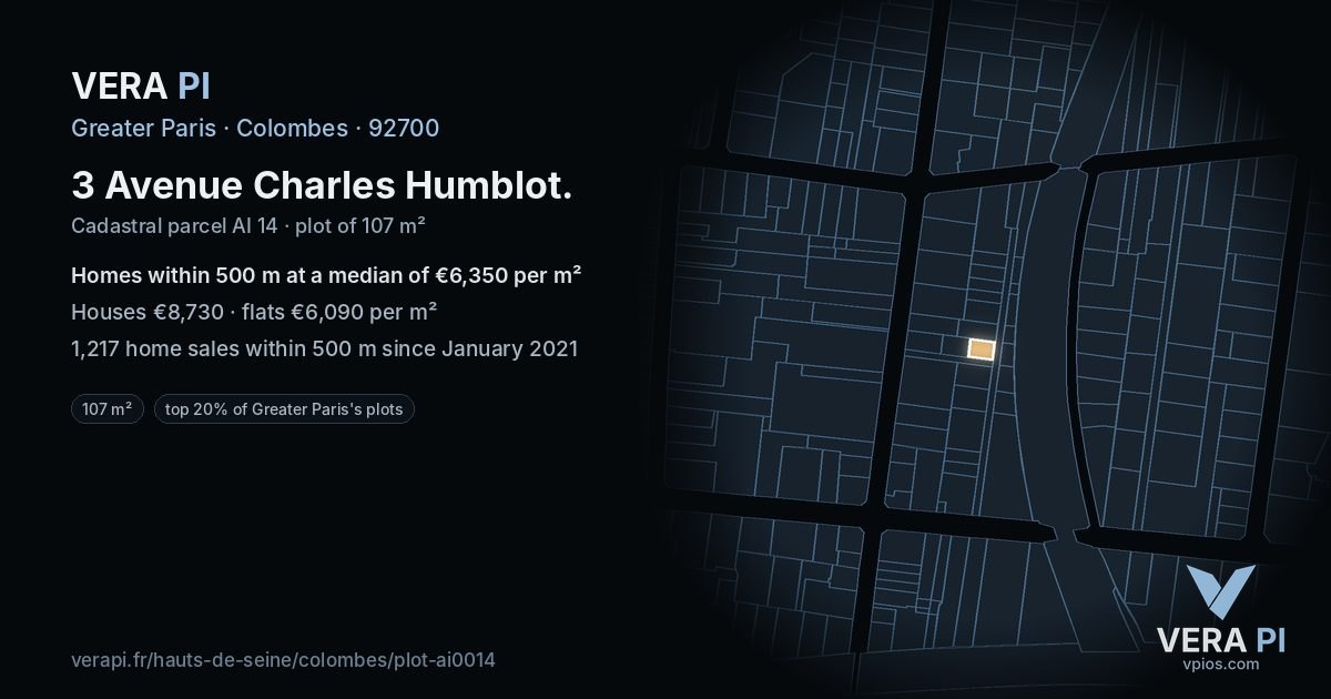 3 Avenue Charles Humblot, Colombes at night – the plot lit, the parcels around coloured by the prices near them