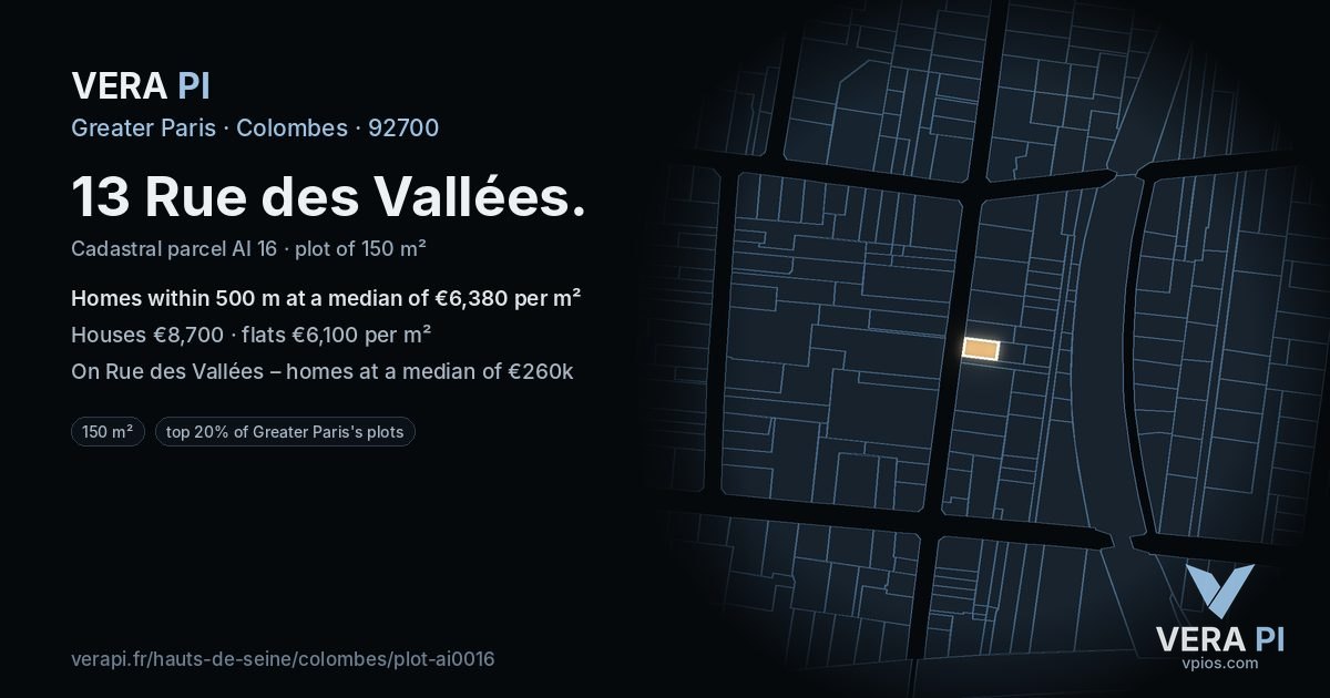 13 Rue des Vallées, Colombes at night – the plot lit, the parcels around coloured by the prices near them