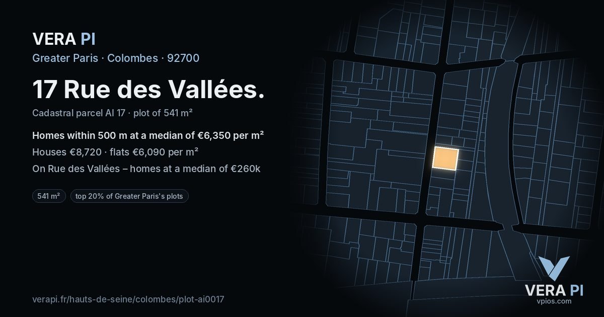 17 Rue des Vallées, Colombes at night – the plot lit, the parcels around coloured by the prices near them