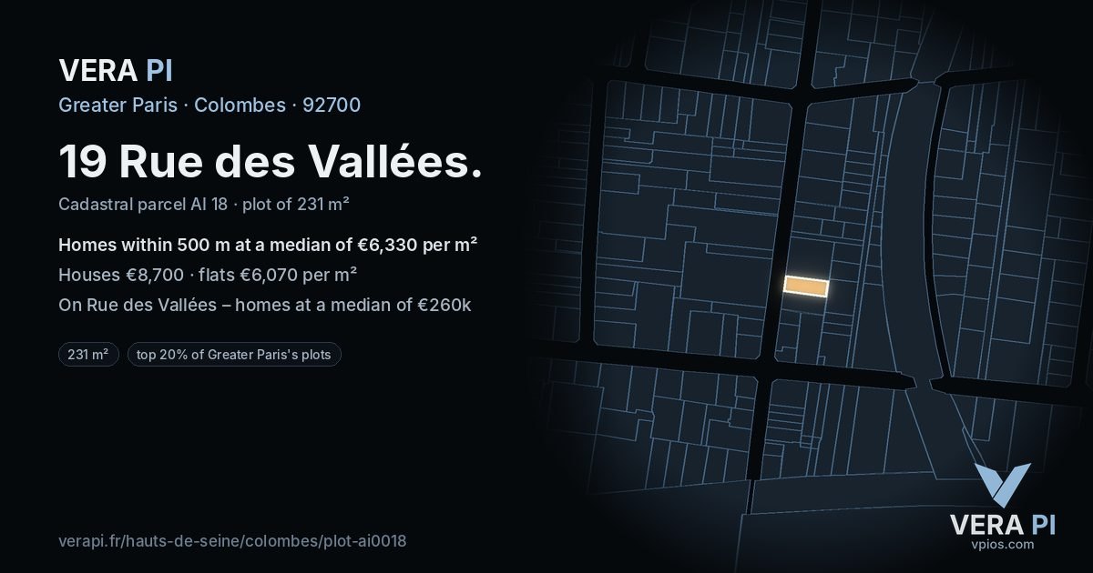 19 Rue des Vallées, Colombes at night – the plot lit, the parcels around coloured by the prices near them