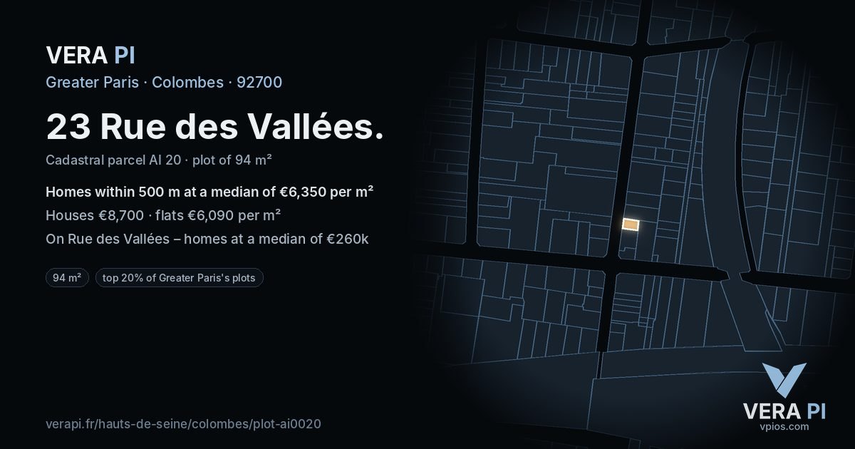 23 Rue des Vallées, Colombes at night – the plot lit, the parcels around coloured by the prices near them