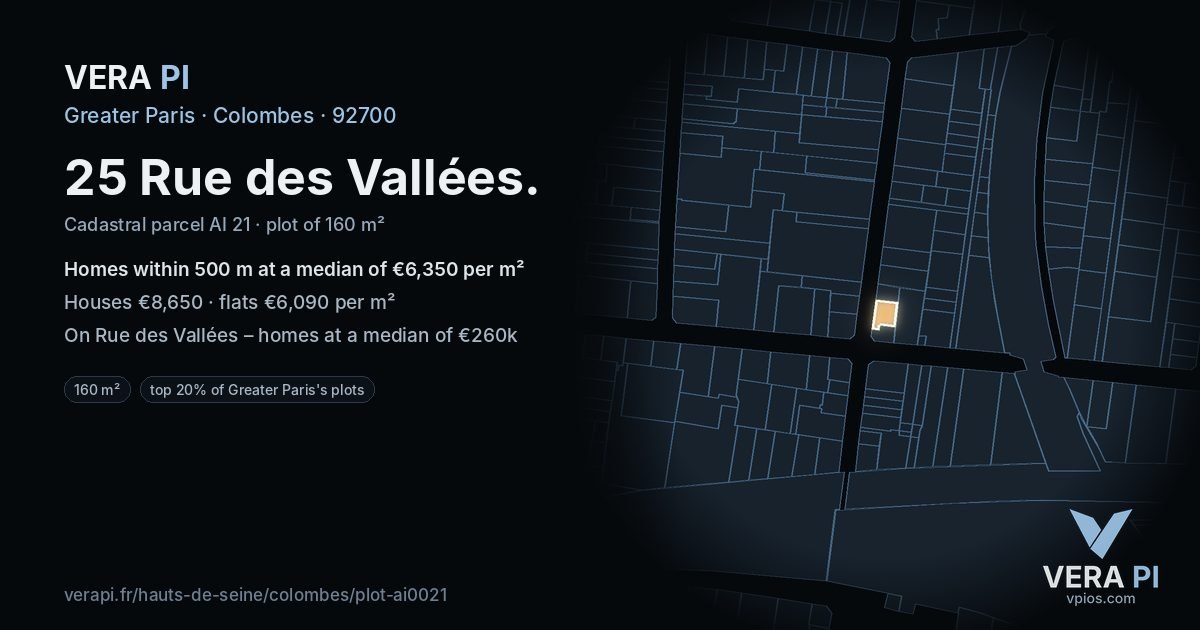 25 Rue des Vallées, Colombes at night – the plot lit, the parcels around coloured by the prices near them