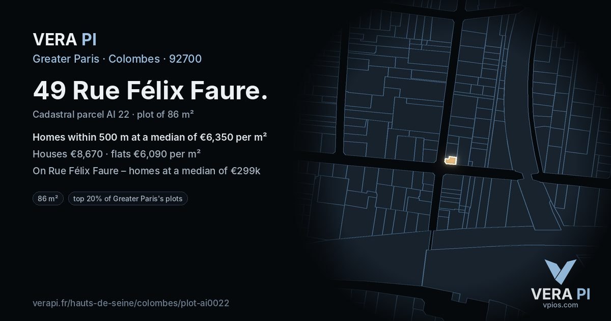 49 Rue Félix Faure, Colombes at night – the plot lit, the parcels around coloured by the prices near them