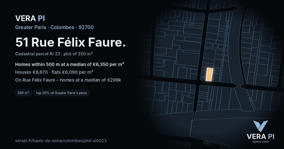 51 Rue Félix Faure, Colombes at night – the plot lit, the parcels around coloured by the prices near them