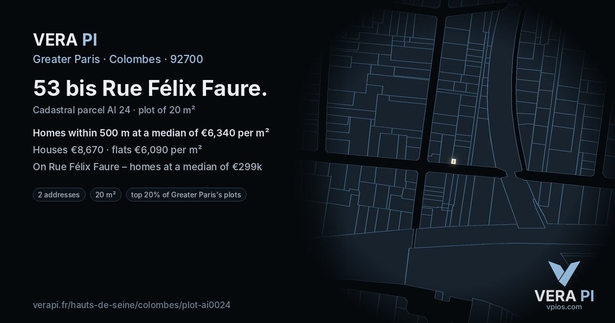 53 bis Rue Félix Faure, Colombes at night – the plot lit, the parcels around coloured by the prices near them