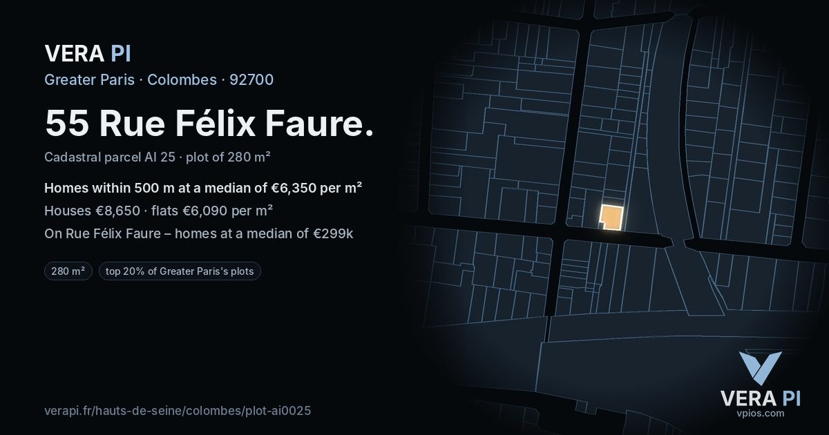 55 Rue Félix Faure, Colombes at night – the plot lit, the parcels around coloured by the prices near them