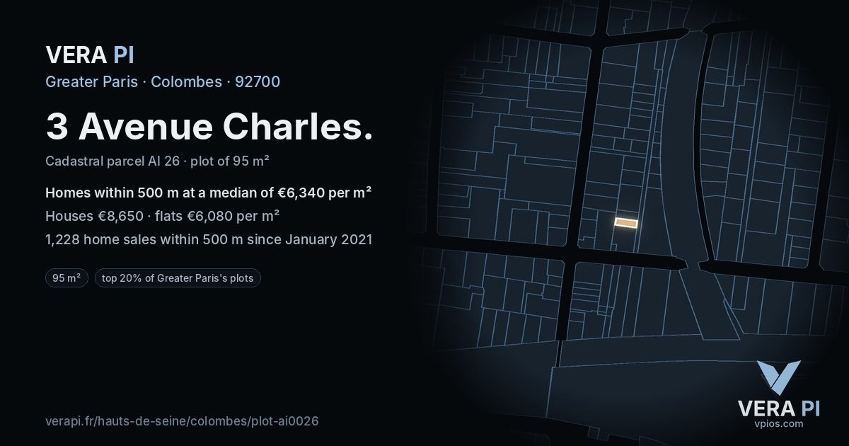 3 Avenue Charles, Colombes at night – the plot lit, the parcels around coloured by the prices near them