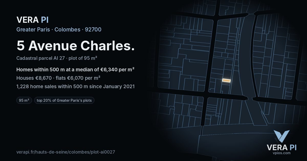 5 Avenue Charles, Colombes at night – the plot lit, the parcels around coloured by the prices near them