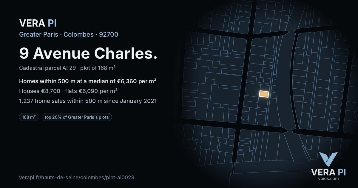 9 Avenue Charles, Colombes at night – the plot lit, the parcels around coloured by the prices near them