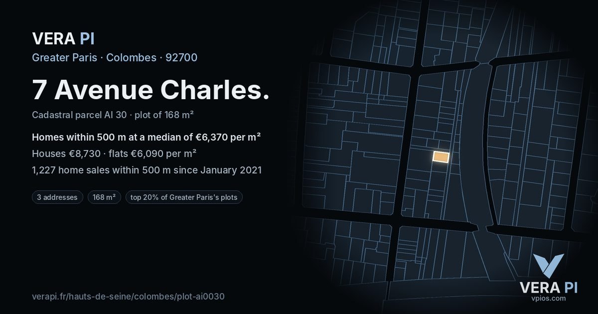 7 Avenue Charles, Colombes at night – the plot lit, the parcels around coloured by the prices near them