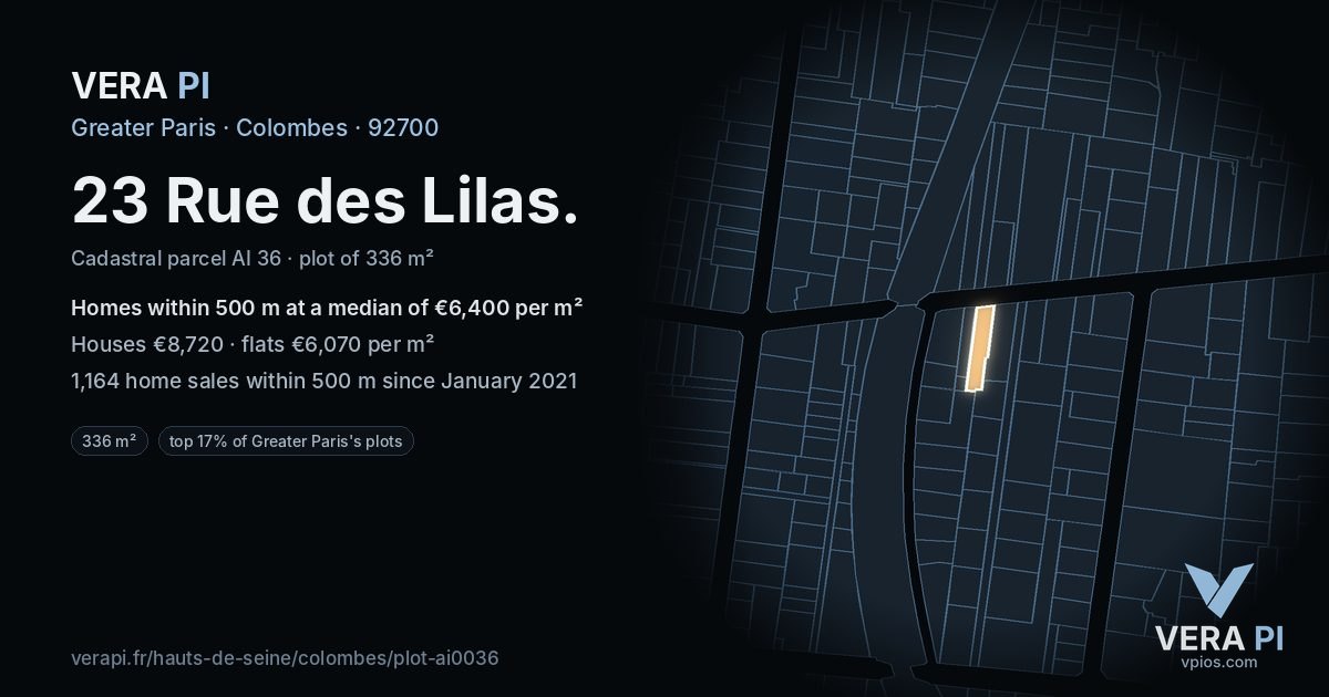 23 Rue des Lilas, Colombes at night – the plot lit, the parcels around coloured by the prices near them