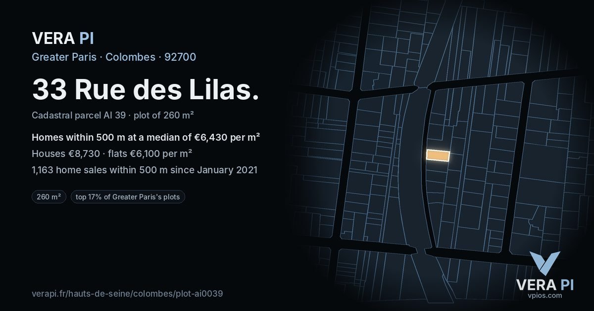 33 Rue des Lilas, Colombes at night – the plot lit, the parcels around coloured by the prices near them