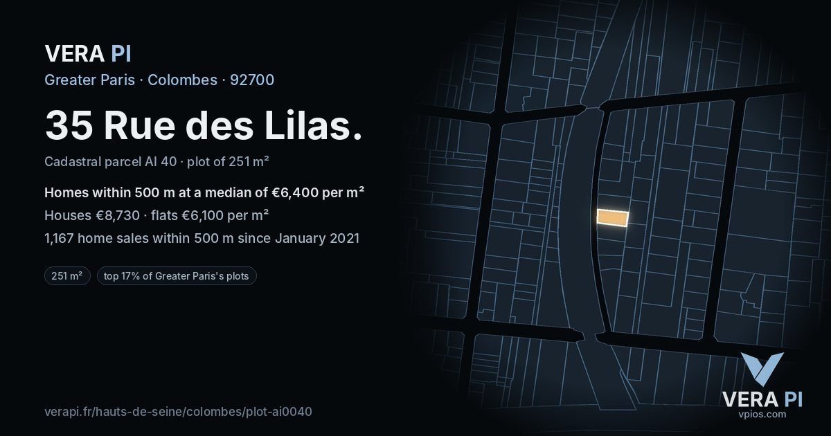 35 Rue des Lilas, Colombes at night – the plot lit, the parcels around coloured by the prices near them