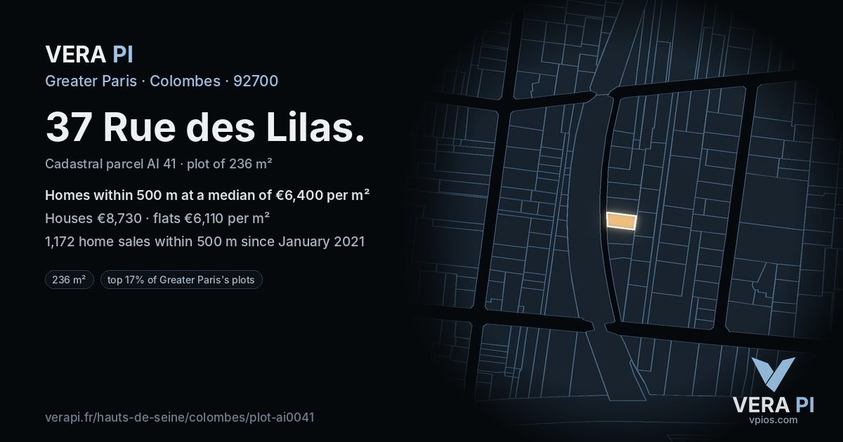 37 Rue des Lilas, Colombes at night – the plot lit, the parcels around coloured by the prices near them