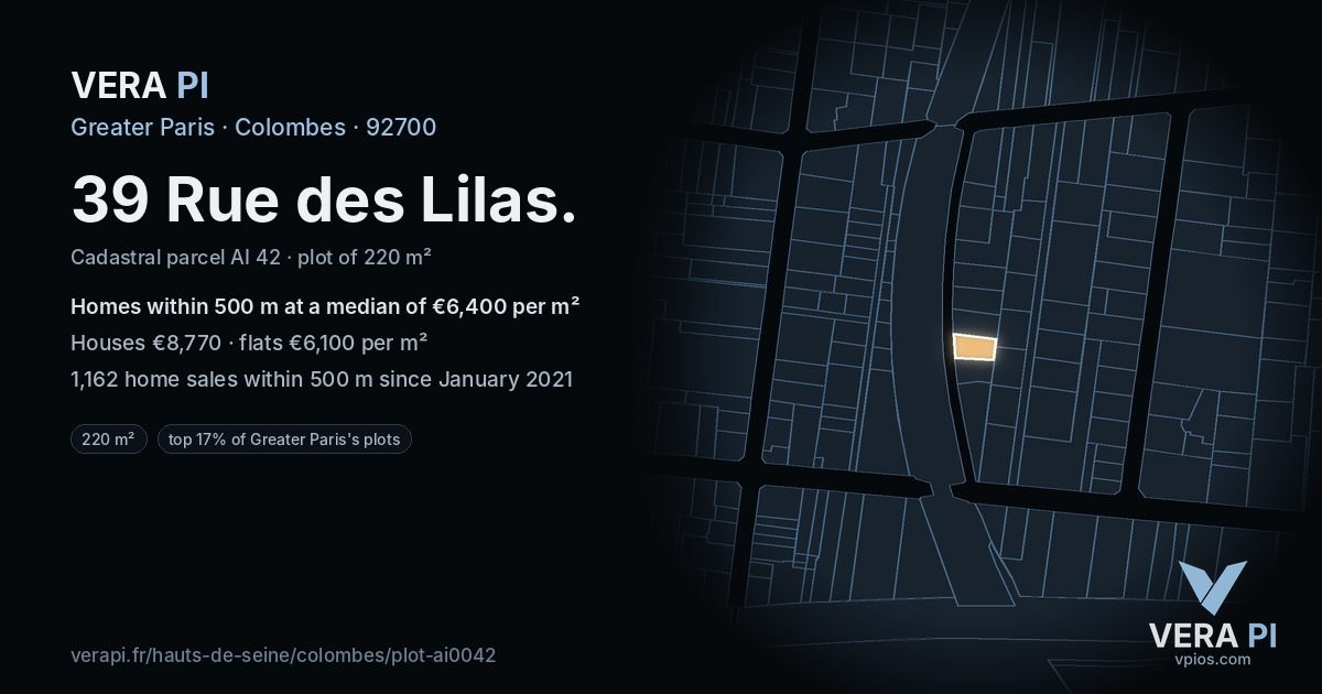 39 Rue des Lilas, Colombes at night – the plot lit, the parcels around coloured by the prices near them