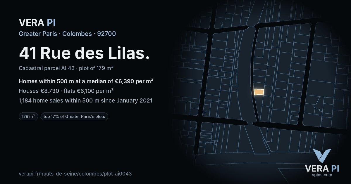 41 Rue des Lilas, Colombes at night – the plot lit, the parcels around coloured by the prices near them