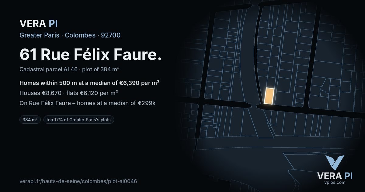 61 Rue Félix Faure, Colombes at night – the plot lit, the parcels around coloured by the prices near them
