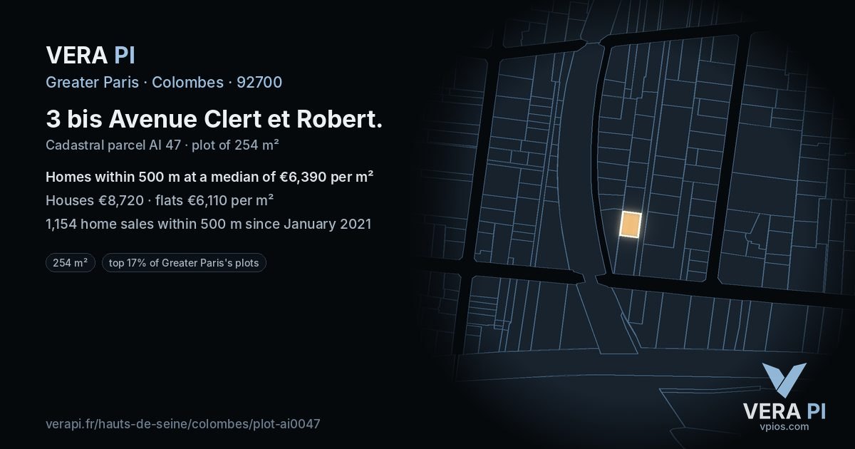 3 bis Avenue Clert et Robert, Colombes at night – the plot lit, the parcels around coloured by the prices near them