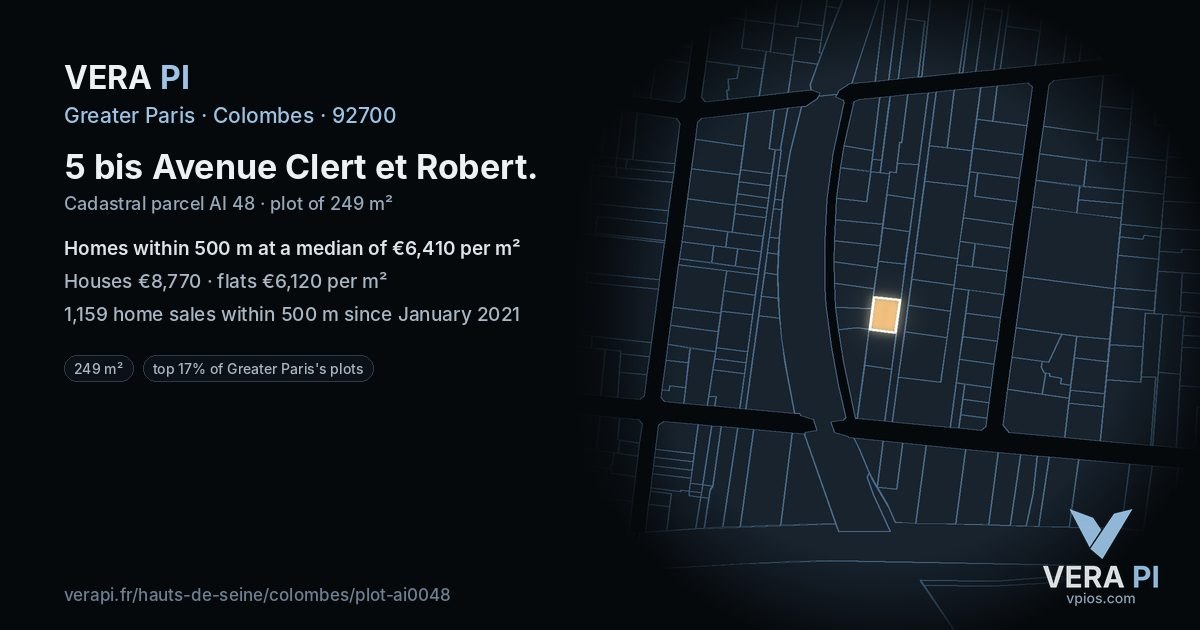5 bis Avenue Clert et Robert, Colombes at night – the plot lit, the parcels around coloured by the prices near them