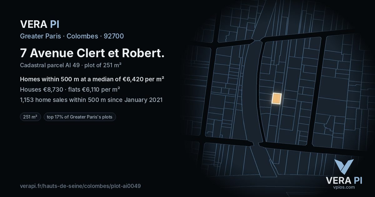 7 Avenue Clert et Robert, Colombes at night – the plot lit, the parcels around coloured by the prices near them