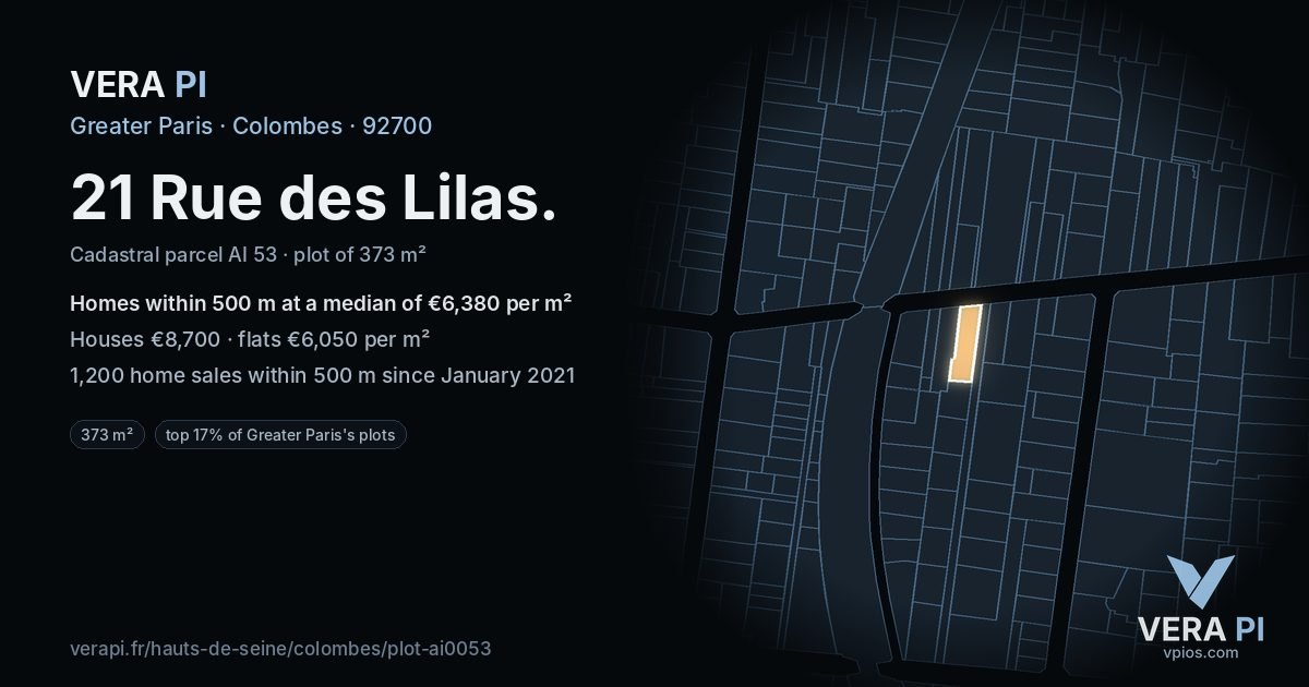 21 Rue des Lilas, Colombes at night – the plot lit, the parcels around coloured by the prices near them