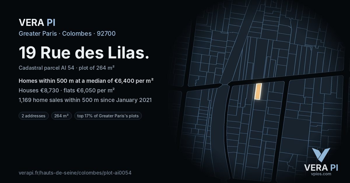 19 Rue des Lilas, Colombes at night – the plot lit, the parcels around coloured by the prices near them
