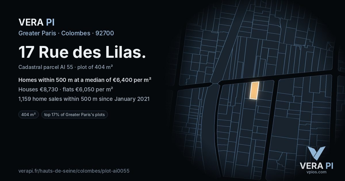17 Rue des Lilas, Colombes at night – the plot lit, the parcels around coloured by the prices near them