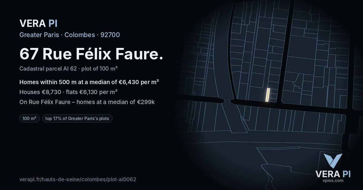 67 Rue Félix Faure, Colombes at night – the plot lit, the parcels around coloured by the prices near them