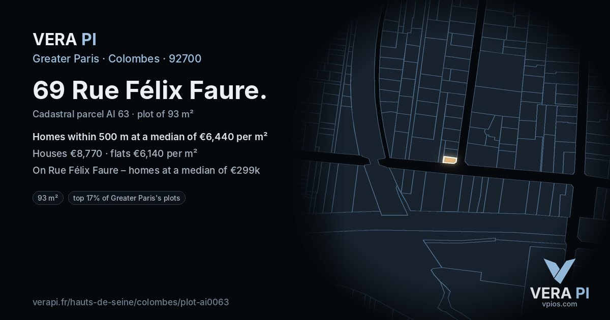 69 Rue Félix Faure, Colombes at night – the plot lit, the parcels around coloured by the prices near them