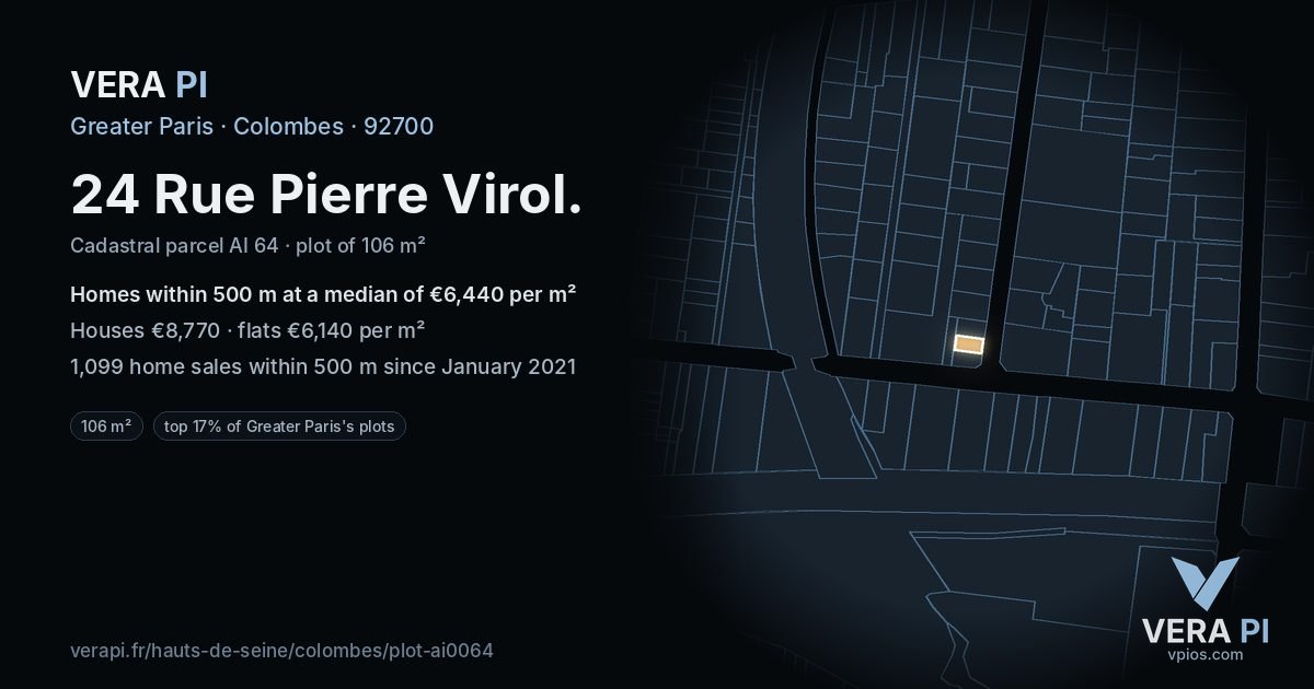 24 Rue Pierre Virol, Colombes at night – the plot lit, the parcels around coloured by the prices near them