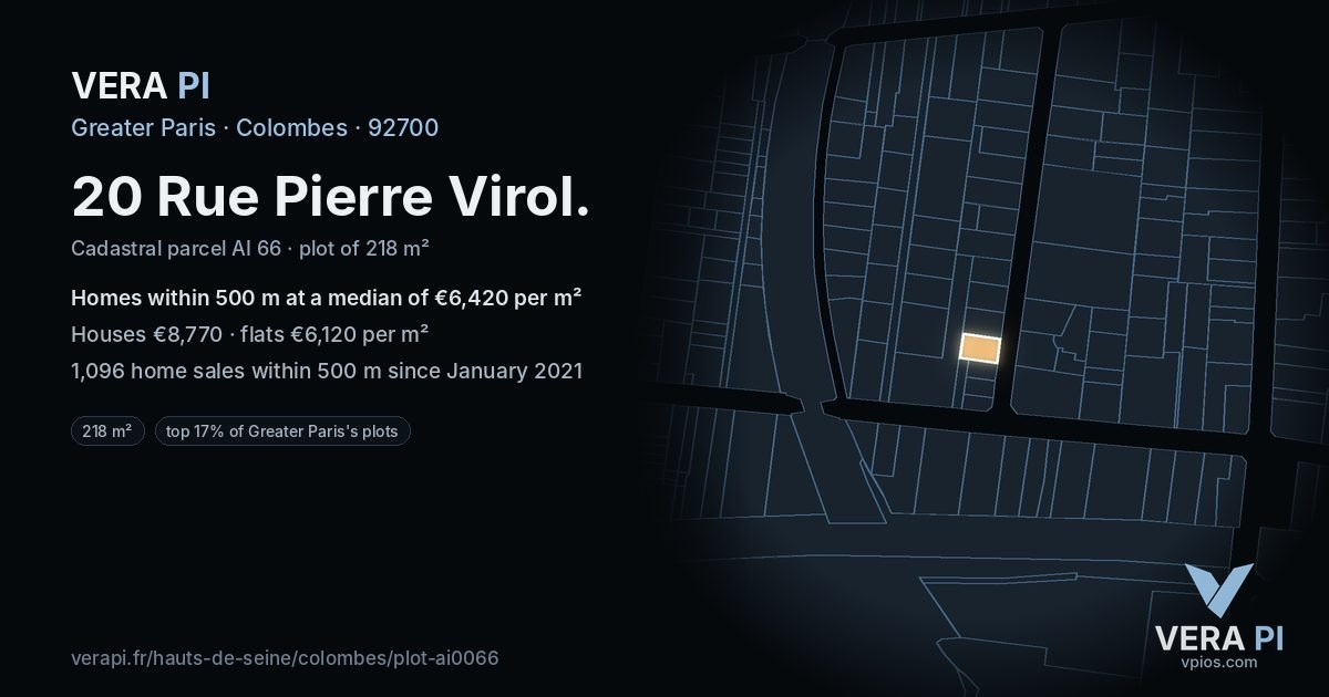 20 Rue Pierre Virol, Colombes at night – the plot lit, the parcels around coloured by the prices near them