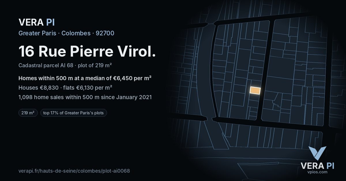 16 Rue Pierre Virol, Colombes at night – the plot lit, the parcels around coloured by the prices near them