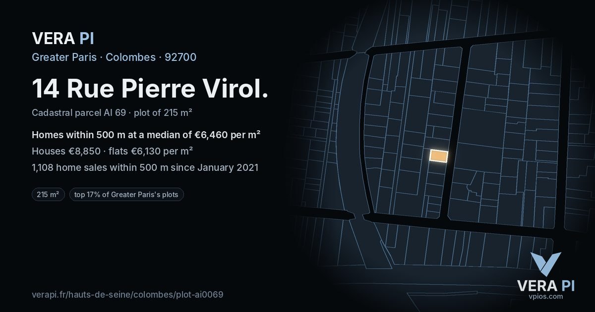 14 Rue Pierre Virol, Colombes at night – the plot lit, the parcels around coloured by the prices near them