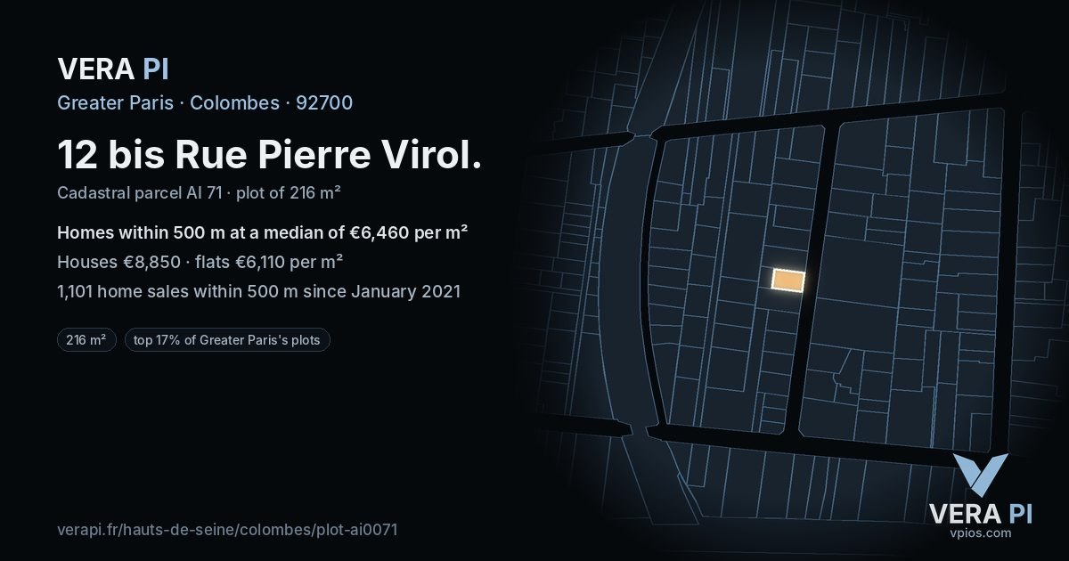 12 bis Rue Pierre Virol, Colombes at night – the plot lit, the parcels around coloured by the prices near them