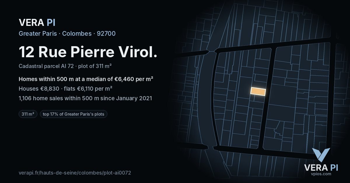 12 Rue Pierre Virol, Colombes at night – the plot lit, the parcels around coloured by the prices near them