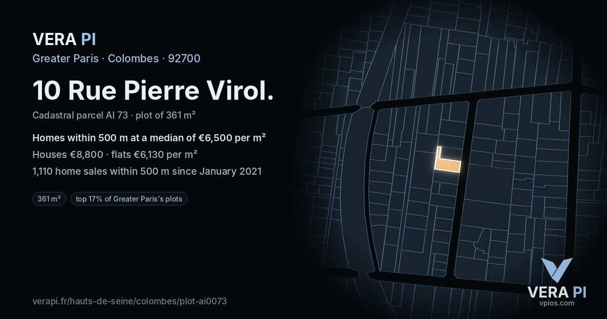 10 Rue Pierre Virol, Colombes at night – the plot lit, the parcels around coloured by the prices near them