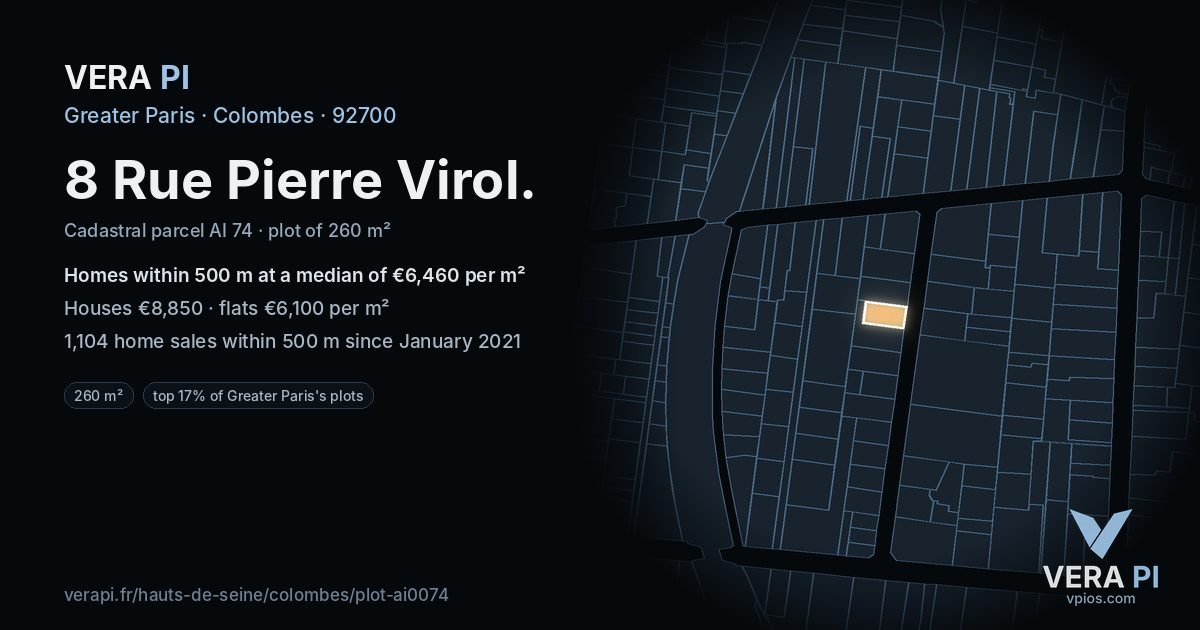 8 Rue Pierre Virol, Colombes at night – the plot lit, the parcels around coloured by the prices near them