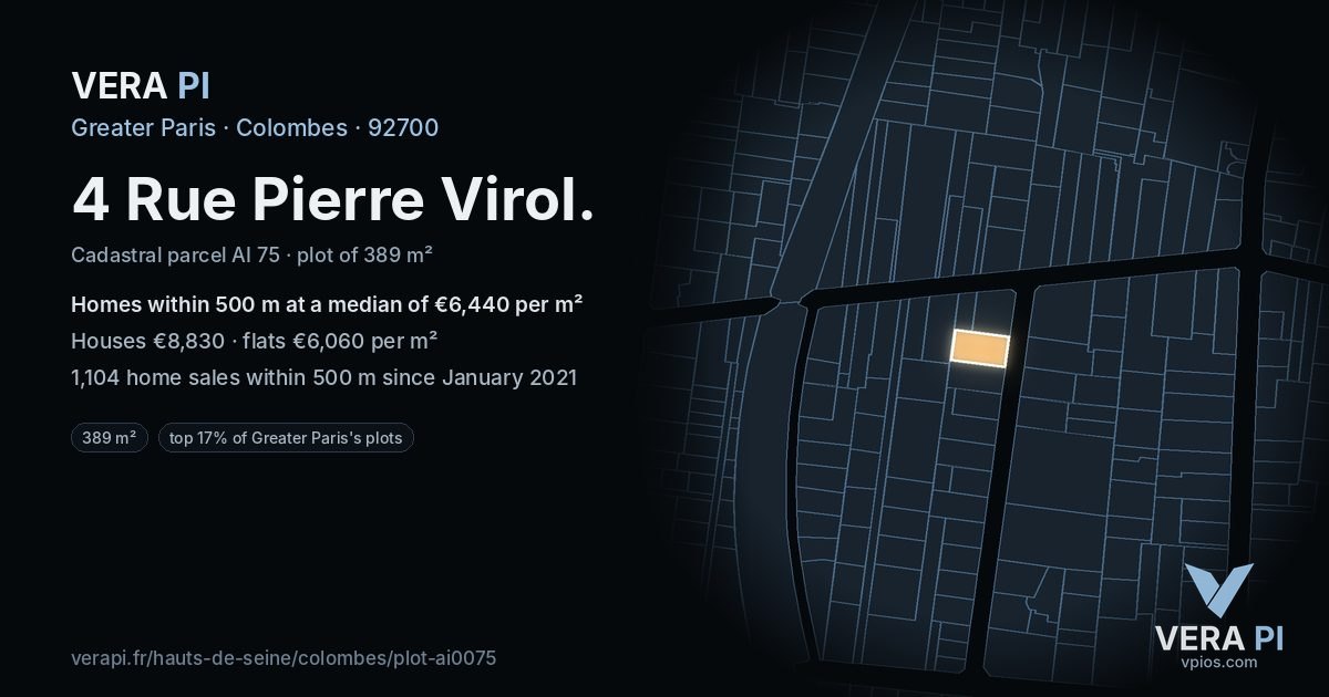 4 Rue Pierre Virol, Colombes at night – the plot lit, the parcels around coloured by the prices near them