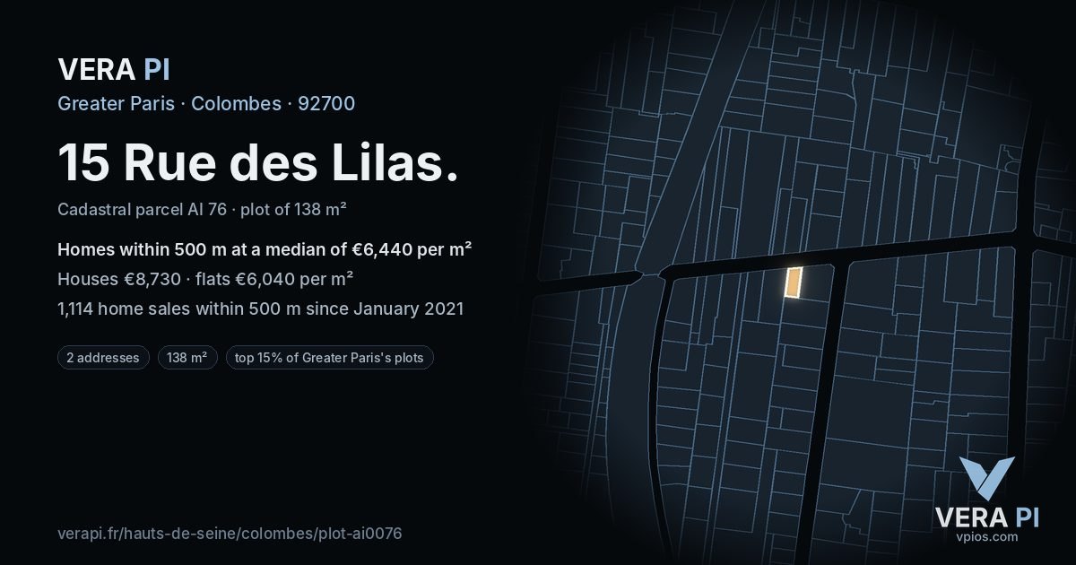 15 Rue des Lilas, Colombes at night – the plot lit, the parcels around coloured by the prices near them
