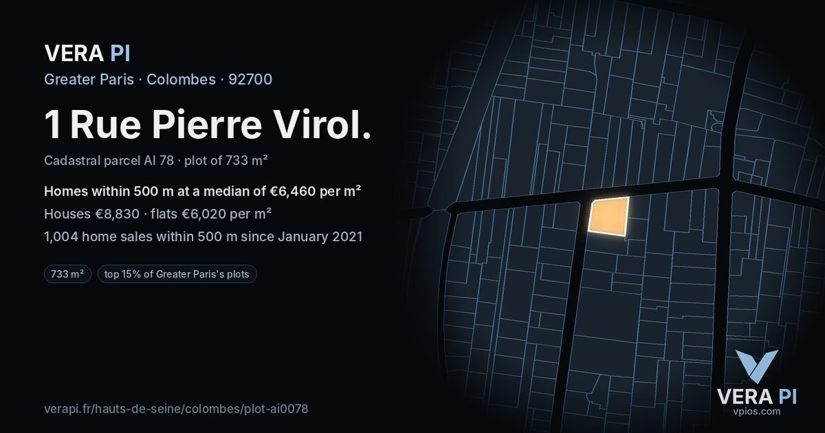 1 Rue Pierre Virol, Colombes at night – the plot lit, the parcels around coloured by the prices near them