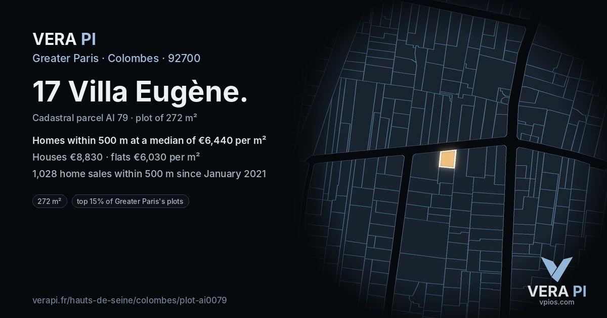 17 Villa Eugène, Colombes at night – the plot lit, the parcels around coloured by the prices near them