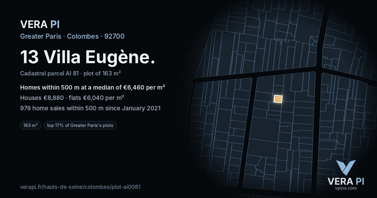 13 Villa Eugène, Colombes at night – the plot lit, the parcels around coloured by the prices near them