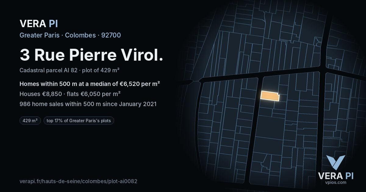 3 Rue Pierre Virol, Colombes at night – the plot lit, the parcels around coloured by the prices near them