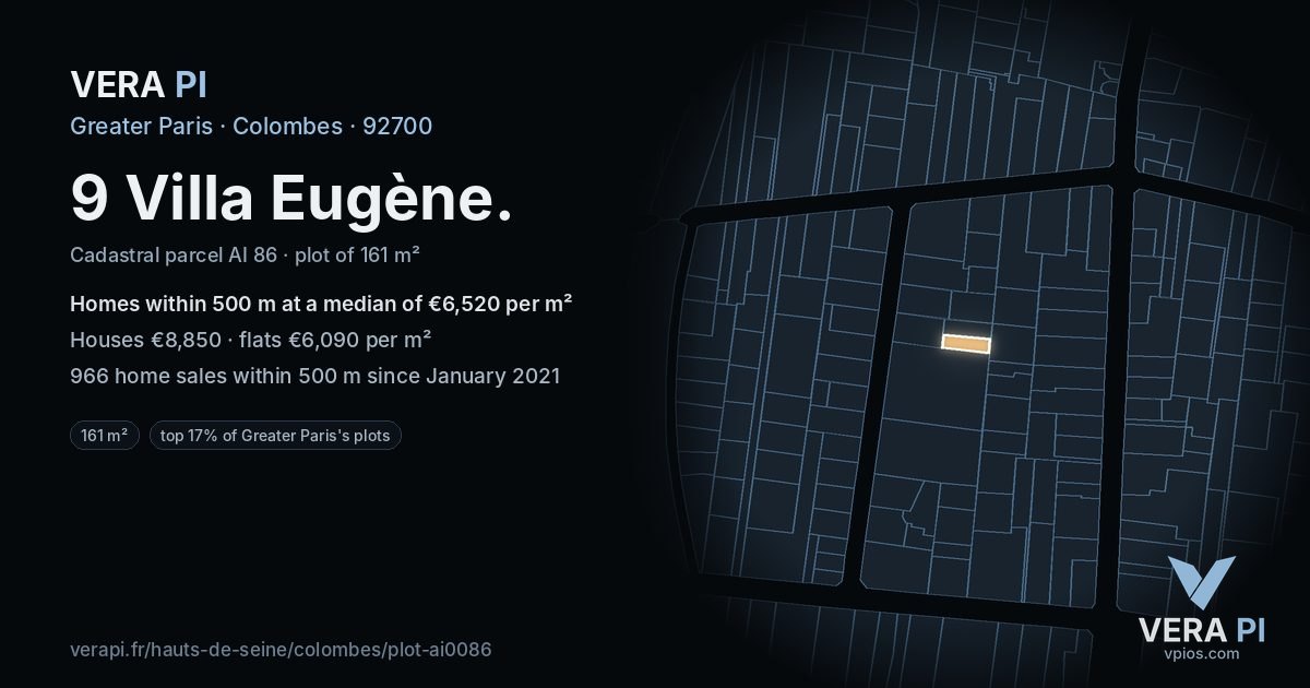 9 Villa Eugène, Colombes at night – the plot lit, the parcels around coloured by the prices near them