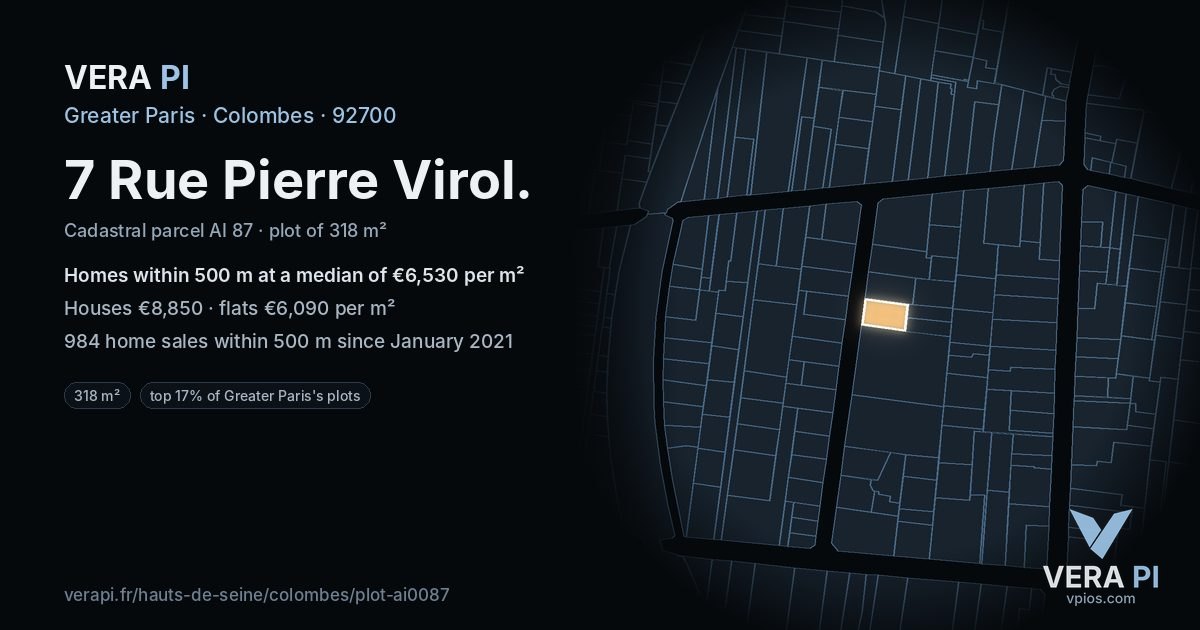 7 Rue Pierre Virol, Colombes at night – the plot lit, the parcels around coloured by the prices near them